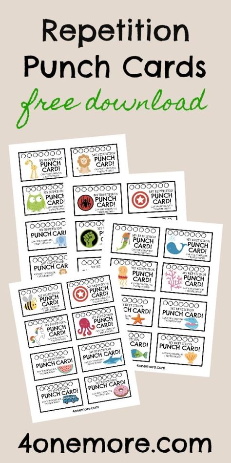 Looking for a fun way to keep track of skills practice or repeated tasks? Download our free repetition punch cards. Seven different sets included @4onemore.com Punch Card Template Free Printable, Punch Cards For Kids Reward System, Tutoring Activities, Behavior Punch Cards, Positive Behavior Support, Kids Punch, Free Homeschool Curriculum, Homeschooling Tips, Kids Homework