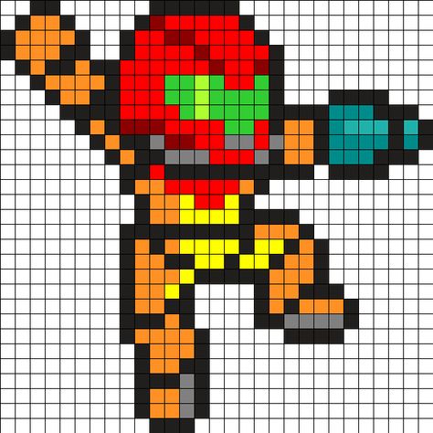 Samus From Metroid Perler Bead Pattern | Bead Sprites | Characters Fuse Bead Patterns Samus Perler Beads, Metroid Perler Beads, Perler Bead Mario, Modele Pixel Art, Kandi Cuffs, Video Game Sprites, Mega Man Art, Easy Perler Bead Patterns, Kandi Cuff