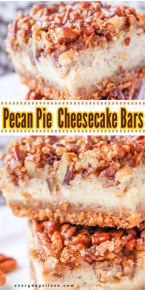 Easy Pecan Pie Cheesecake Bars recipe is rich, decadent, creamy and delicious. A tasty sweet treat with all the flavors from cheesecake and pecan pie in these amazing cheesecake bars. A great addition to any meal or family gathering. A great dessert for pot lucks, tailgating, and holiday snacking. Pecan Pie Cheesecake Bars Recipe, Pecan Pie Topping, Thanksgiving Desserts Pie, Pecan Pie Cheesecake Bars, Pecan Pie Cheesecake Recipe, Pie Topping, Thanksgiving Desserts Kids, Bars Dessert, The Best Cheesecake