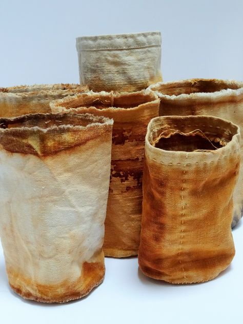 Rust dyed cloth vessels - hand stitched by Jule Mallett of www.hengrels.co.uk Travellers Blanket, Rust Dyed Fabric, Rust Dye, Fiber Sculpture, Eco Dyeing, Textile Sculpture, Contemporary Textiles, Textile Fiber Art, Fibres Textiles