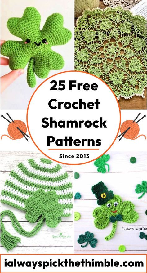 25 Free Crochet Shamrock Patterns (Printable Pattern) Free St Patrick’s Day Crochet Patterns, St Pattys Day Crochet Free Pattern, Saint Patricks Day Crochet Patterns, Crochet Shamrocks Free Patterns, Shamrock Crochet Pattern, St Patrick Crochet Patterns Free, St Patrick's Day Crochet Patterns Free, Crochet Clover Free Pattern, St Patricks Day Crochet Ideas