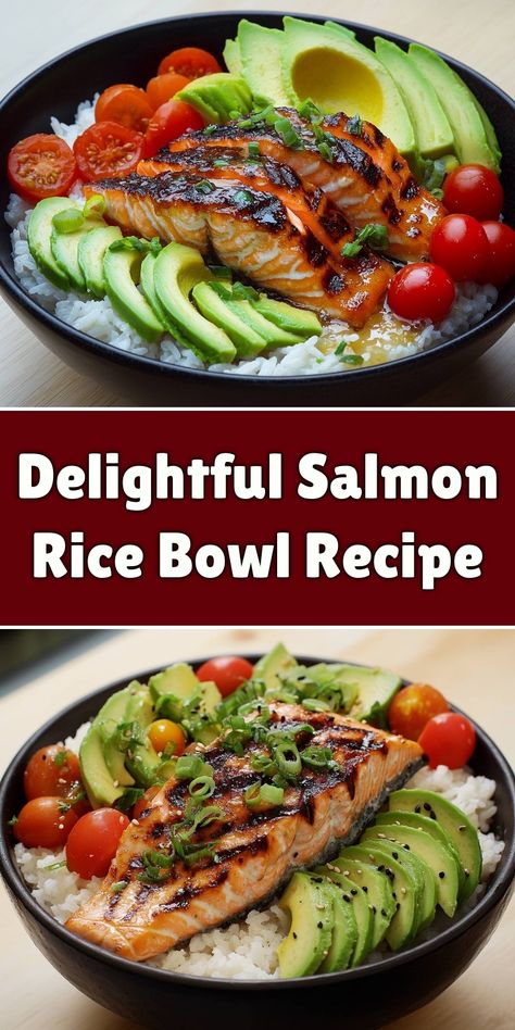 Join me in creating this Delightful Salmon Rice Bowl that's perfect for a nutritious lunch or dinner. Juicy grilled salmon sits on a bed of fluffy rice, topped with fresh avocado, cherry tomatoes, and a sprinkle of green onions. It's a meal that's both visually stunning and deliciously satisfying. Can't wait to share this recipe with you! Salmon Burger Bowl Recipe, Salmon Sushi Bowl, Burger Bowl, Homemade Banana Pudding Recipe, Nutritious Lunch, Rice Bowl Recipe, Salmon Burger, Grilled Halibut, Salmon Rice