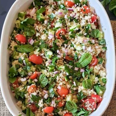 Quinoa Tabbouleh Salad - Profusion Curry Profusion Curry, Zaatar Seasoning, Tabouli Salad, Quinoa Tabbouleh, Tabbouleh Salad, Salad Tongs, Sprinkle Salt, Salad Spinner, Persian Cucumber