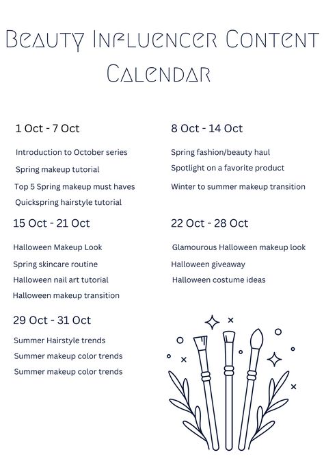 📆 Stay ahead in the beauty game this October with our FREE content calendar designed just for beauty influencers! 🌟 From spooky Halloween looks to sultry summer makeup trends, plan your captivating content for the month and mesmerize your followers. 💅✨ Download now and let the summer beauty vibes inspire your posts! 🍂💖 #BeautyInfluencer #OctoberContent #SummerMakeupTrends #HalloweenLooks Beauty Content Calendar, Content Calendar For Influencers, Beauty Influencer Content Ideas, October Content Ideas, Halloween Nail Art Tutorial, Spring Makeup Tutorial, Color Correction Makeup, Plan For Success, Summer Makeup Trends