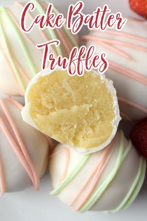 Cake Batter Truffles – A delicious treat made with just 3 simple ingredients – boxed yellow cake mix, white chocolate, and cream cheese! Perfect for any holiday or party! Truffles Recipe | Cake Batter Truffles Recipe | Cake Truffles | Easy Truffles White Cake Mix Truffles, Yellow Cake Mix Cake Pops, Cake Balls Cream Cheese, Cake Ball Truffles, Vanilla Truffles Recipe, Cake Batter Desserts, Cream Cheese Baking Recipes, Box Vanilla Cake Mix Recipes, Cake Pops Cream Cheese