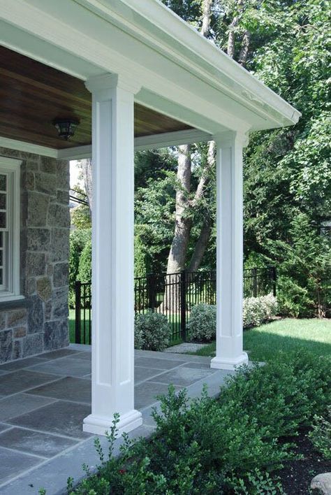 Stone Covered Porch, Bluestone Porch, Front Porch Pillars, Bluestone Walkway, House Pillars, Front Porch Posts, Porch Pillars, Column Ideas, House Columns