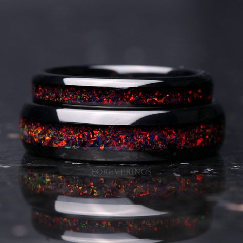 Black Opal Wedding Band, Black Fire Opal Ring, Obsidian Wedding Band, Black Fire Opal, Cool Rings For Men, Wedding Ring Sets Unique, Couples Ring, Edgy Jewelry, Black Tungsten Rings