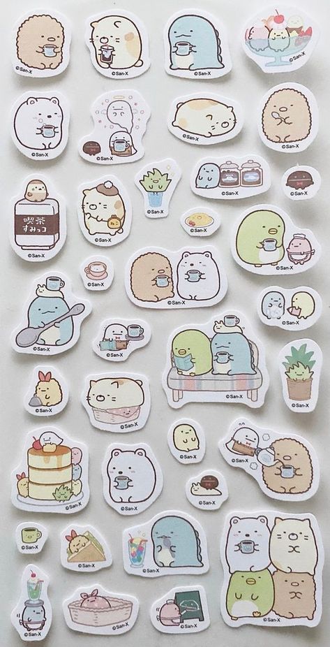 Sumikko Gurashi 'coffee shop cuties' cute kawaii kitsch paper sticker sheets #stickersprintable #stickersheets #funnystickers #stickerideas #aestheticstickers #cutestickers Printable Sticker Sheets, Sticker Design Inspiration, Sumikko Gurashi, Scrapbook Stickers Printable, Seni Origami, Easy Doodles Drawings, Paper Sticker, Cute Doodles Drawings, Cute Doodle Art