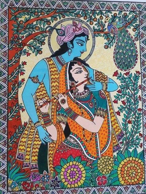 Swadhyay Parivar Pratikruti, Krishna Painting Madhubani, Madhubani Krishna Paintings, Best Madhubani Paintings, Madhu Bani Paintings, Madhubani Folk Art, Traditional Madhubani Art Krishna, Madhubani On Canvas, Ram Sita Madhubani Painting