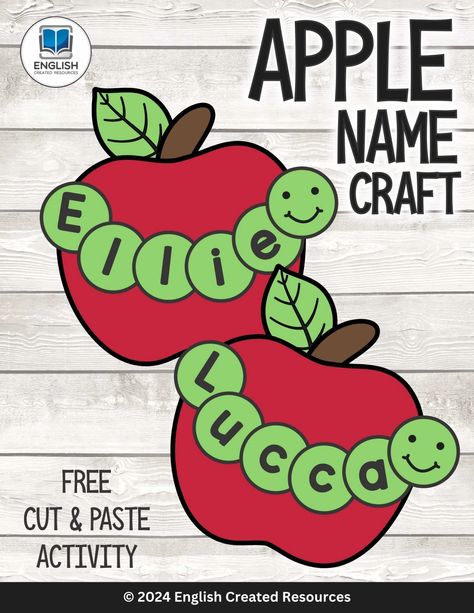 Apple Name Craft Apple Names Preschool, Apple Word Wall, Apple Butcher Paper Activity, Fall Name Activity Preschool, September Ideas For Kids, Apple Theme Worksheets Preschool, Apple Name Activities Preschool, Preschool Apple Crafts Art Projects, Apple Tree Name Craft