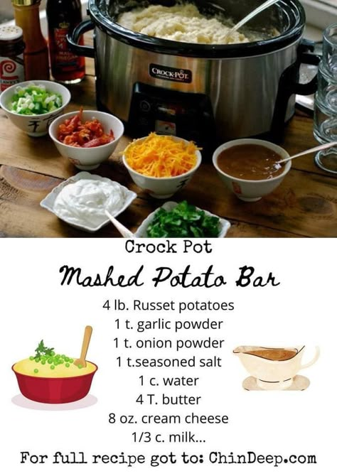 Mashed Potato Bar, Crockpot Mashed Potatoes, Potato Bar, Mashed Potato, Crock Pot Meals, Crockpot Meals, Crock Pot Recipes, Party Foods, Bars Recipes