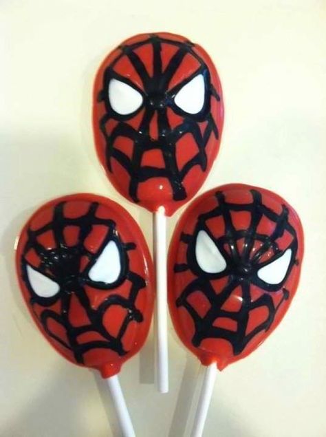 Spider-Man chocolate lollipops by Emily's Lollipop Shop/Facebook Chicken Lollipop, Chicken Lollipops, Spiderman Face, Chocolate Lollipops, Lollipop, Chocolates, Kids Party, Party Favors, Spiderman