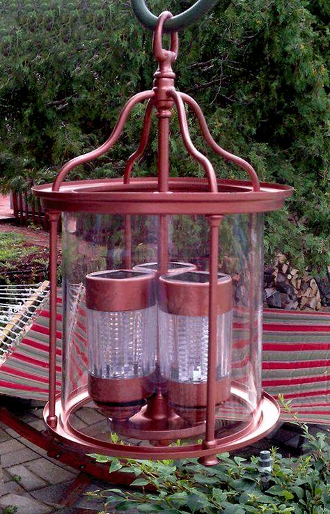 Upcycled Chandelier, Solar Light Ideas, Diy Hanging Light, Solar Chandelier, Garden Lighting Ideas, Masculine Bathroom, Habitat Restore, Solar Light Crafts, Solar Landscape Lighting