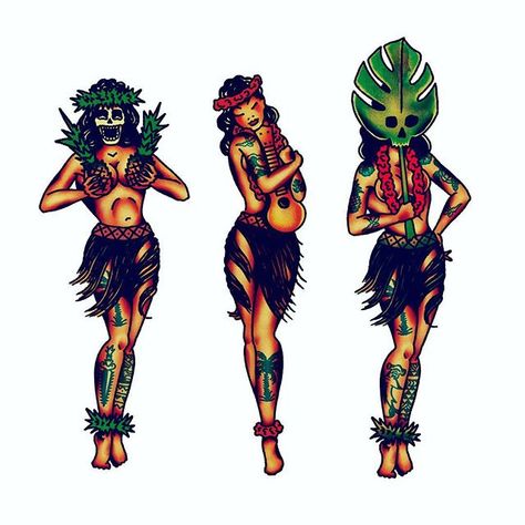 Hawaiian American Traditional Tattoo, Tiki Tattoo Hawaiian, American Traditional Hawaii Tattoo, Traditional Tiki Tattoo, Hawaiian Tiki Tattoo, Hula Dancer Tattoo, Hula Pinup Tattoo, Mexican Traditional Tattoo, Hawaii Inspired Tattoos