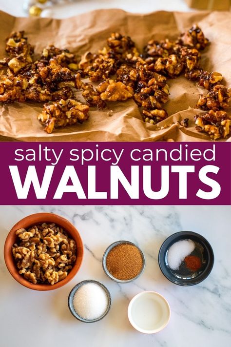 Indulge in the irresistible crunch of homemade candied walnuts with this easy stovetop recipe. These sweet, nutty treats are perfect for snacking, topping salads, or gifting to loved ones. With just a few simple ingredients and a little bit of time, you can create a batch of candied walnuts that will impress everyone. Whether you're making them for a special occasion or just because, these candied walnuts are sure to be a hit. Sweet And Spicy Walnuts Recipe, Candies Walnuts Easy, Spicy Walnuts Roasted, Walnut Recipes Savory, Seasoned Walnuts Recipe, How To Candy Walnuts, Spicy Walnuts Recipe, Candied Walnuts Easy, Savory Dessert Recipes