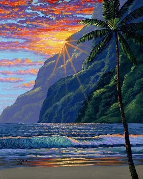 Hawaii Painting, Beach Mountain, Beautiful Hawaii, Trees Painting, Tropical Painting, Hawaii Art, Palm Trees Painting, Surf Poster, Hawaiian Art