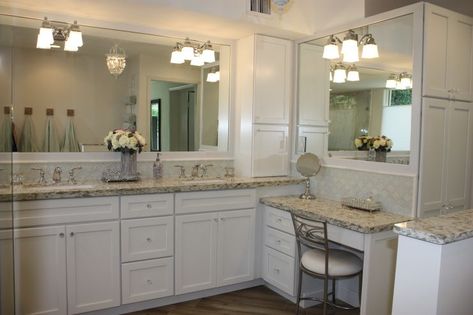 Her Bathroom Ideas, Master Bath Corner Vanity, His And Her Bathroom Ideas, L Shaped Bathroom Vanity, His And Her Bathroom, Bathroom Ideas Layout, L Shaped Bathroom, Master Bath Layout, Gray Backsplash