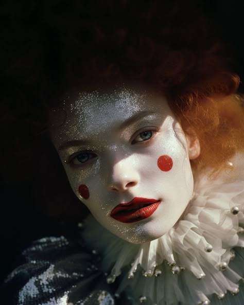 Clown Fashion Editorial, Circus Fashion Editorial, Clown Editorial Photoshoot, Editorial Clown Makeup, Cute Jester Costume, Clown Birthday Photoshoot, Jester Clown Makeup, Vaudeville Aesthetic, Clown Editorial