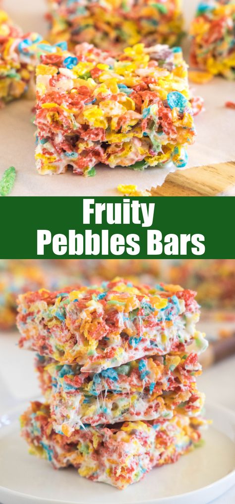 Just 4 ingredients to make the sweet, fruity, and delicious Fruity Pebbles Bars. A fun twist on a classic for a whole new treat. Fruity Pebbles Bars, Cafe Meals, Kid Friendly Desserts, Fruity Pebble Bars, Softball Poses, Fruity Pebbles Treats, Mouthwatering Desserts, Pebbles Cereal, Kid Friendly Dessert