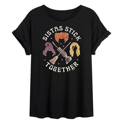 She'll love upgrading her seasonal style with the trendy look of this Juniors' Hocus Pocus Sistas Stick Together Flowy Tee. FEATURES Short sleeves ScoopneckFABRIC & CARE Cotton, polyester Machine wash Imported Size: Small. Color: Black. Gender: female. Age Group: kids. Pattern: Graphic. Hocus Pocus Shirts, Hocus Pocus Shirt, High Neck Tank Top, Kids Pattern, High Neck Tank, Raglan Tee, Boyfriend Tee, Hocus Pocus, Pattern Graphic