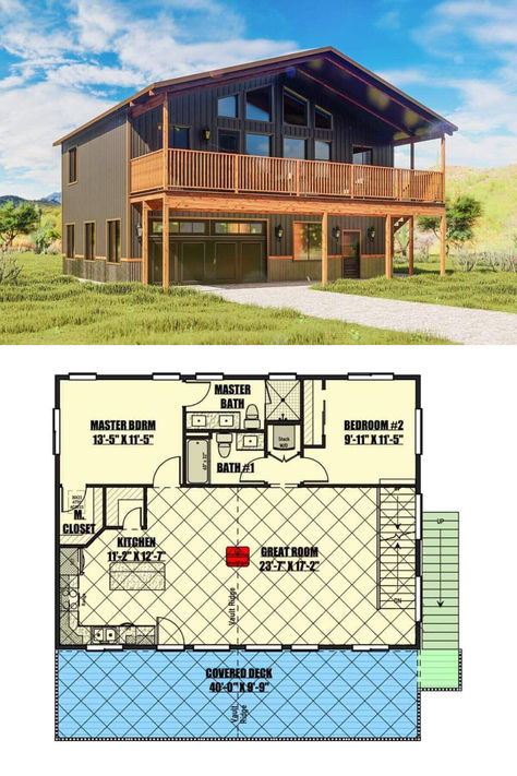 Rustic Two-Story 2-Bedroom Barndominium with Open Concept Living (Floor Plan) Loft Layout Floor Plans, Barndominium Floor Plans 2 Story, 2 Story Barndominium Floor Plans, 2 Story Barndominium, Loft Layout, Barndominium House, Southern Traditional, Bedroom Barndominium, European Farmhouse