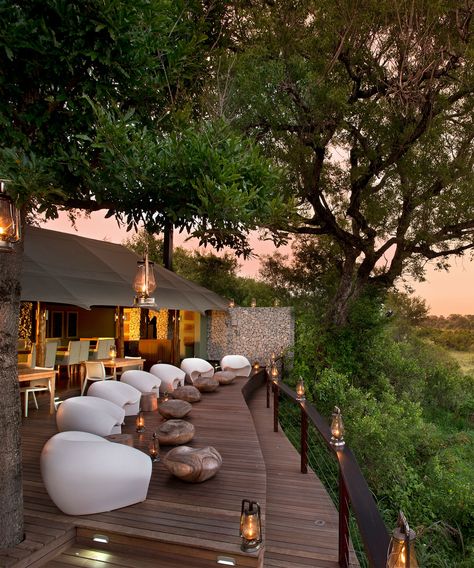 Safari Glamping, Resorts Design, South Africa Honeymoon, African Lodges, Outdoor Restaurant Patio, Africa Honeymoon, River Restaurant, Bush Lodge, Luxury African Safari