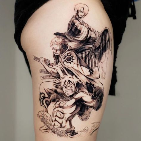 sanji, zoro and luffy tattoo one piece One Piece Tattoos Sanji, One Piece Tattoo Ideas, 42 Tattoo, Samurai Tattoo Design, One Piece Tattoos, Naruto Tattoo, Bicep Tattoo, Anime Tattoo, Leg Sleeve Tattoo