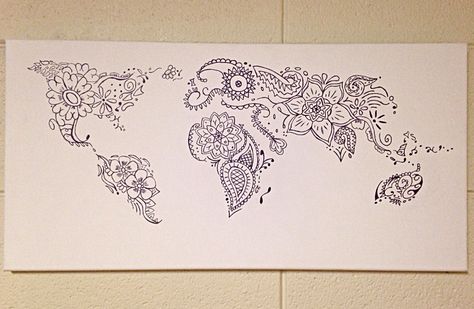 Floral world map canvas done with sharpie Tattoo Map, World Map Tattoo, Map Monde, Map Tattoo, Body Ideas, Floral Frames, Tattoo Clothing, World Map Canvas, Artist Journal