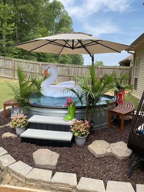 Stock Tank Pool Landscape Ideas, Deck Around Stock Tank Pool, Stock Tank Pool Accessories, Backyard Stock Tank Pool Ideas, Cowboy Pool Ideas, Boujee Backyard, Stock Tank Pool Landscaping, Apartment Palette, Tin Pool