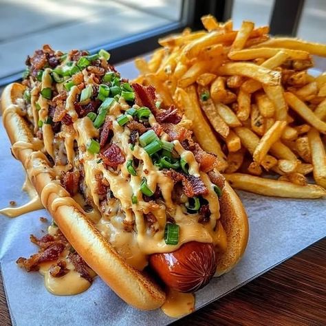 Recipes | Facebook Hot Dog Fries, Hot Dog For Dinner, Loaded Hot Dogs, Grill Hot Dogs, Gourmet Hotdogs, Hot Dog Grill, Hot Dog Place, Frozen Fries, Fried Hot Dogs