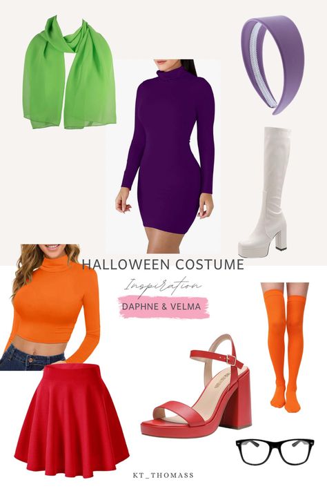 Daphne Costume Amazon, Female Scooby Doo Costumes, Daphne And Velma Costumes Baddie, Daphne And Velma Costumes College, Halloween Costumes Velma And Daphne, Dafne Scooby Doo Outfit, Daphne And Velma Cosplay, Velma Outfit Ideas, Halloween Costume Ideas For 5