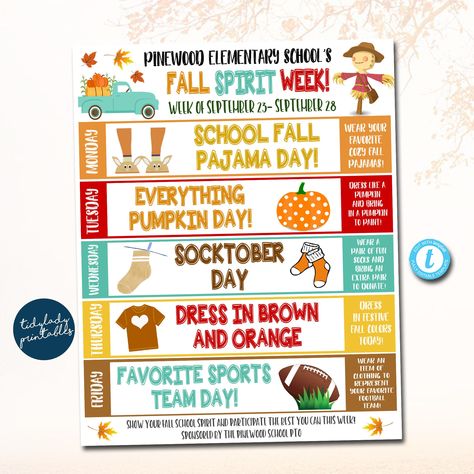 "This cute and fun daily/weekly fall spirit week itinerary calendar is a great way for kids to show their positive autumn cheer during the fall season! You can print and send home with families and/or upload digitally to send out to families/students. WANT THE BUNDLED SET OF ALL 10 HOLIDAY/SEASONAL SPIRIT WEEK TEMPLATES? FIND IT HERE: https://www.etsy.com/listing/1514818447/school-spirit-week-bundle-set-seasonal?click_key=16c9a6bd95f1b74d7898af7b6fca5ba5bc6f6cc4%3A1514818447&click_sum=ed9f59a1&r Dress Up Days For School Spirit Weeks, Dress Up Days For School, Fall Spirit Week, Spirit Weeks, Dress Up Days, School Spirit Week, Spirit Days, School Pto, Thanksgiving Dress