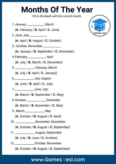 Months Of The Year Quiz (With Free PDF) | Games4esl Months Of The Year Game, Esl Months Of The Year, Month Of The Year Activities, Month Of The Year Worksheet, Learning Months Of The Year, Months Of The Year Activities, Month Worksheet, Months In English, Name Of Months