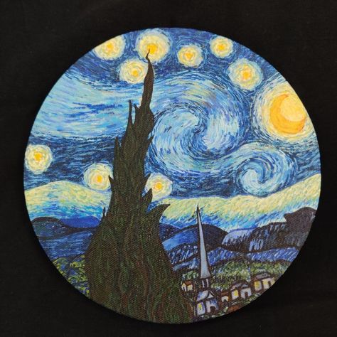 #painting#art#acrylic#starry#night#vangogh#vincent Painting On Circle Canvas Easy, Small Circle Canvas Paintings, Circle Canvas Painting Acrylics, Easy Painting Ideas On Circle Canvas, Circle Canvas Painting Easy Diy, Round Canvas Painting Ideas, Round Canvas Painting Ideas Easy, Circle Canvas Painting, Circle Paintings