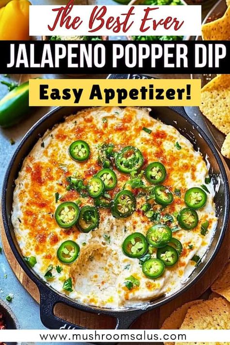 Add some spice to your party with this creamy, cheesy, and oh-so-delicious jalapeño popper dip! Perfectly baked with a golden topping and loaded with Greek yogurt, sharp cheddar, and fresh jalapeños, this veggie dip is the ultimate crowd-pleaser. Serve with tortilla chips for the best game-day snack or party appetizer. Easy, vegetarian, and packed with flavor! Vegetarian Chip Dip, Vegetarian Dips And Appetizers, Vegetarian Dip Recipes, Jalapeno Poppers Dip, Vegetarian Appetizers For Party, Dairy Free Jalapeno Poppers, Vegetarian Jalapeno Poppers, Easy Jalapeno Poppers, Vegetarian Dips