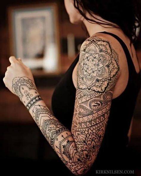 120 Pretty And Girly Half-Sleeve Tattoo Ideas For Females Mandala Arm Tattoos, Geometric Sleeve Tattoo, Feminine Tattoo Sleeves, Boho Tattoos, Tattoos Geometric, Lace Tattoo, Full Sleeve Tattoos, Mandala Tattoo Design, Arm Sleeve Tattoos