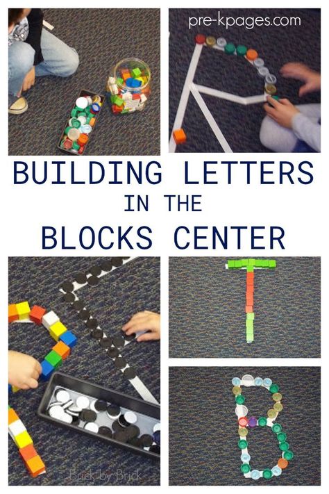 The block center can be a fun place to learn letter skills. Use blocks, lids, and other manipulatives to build alphabet letters in the block center; for preschool, pre-k, and kindergarten; Pre-K alphabet blocks center activity Block Center Preschool, Blocks Center, Intentional Teaching, Abc Centers, Alphabet Centers, Blocks Preschool, Pre K Pages, Early Childhood Activities, Block Center