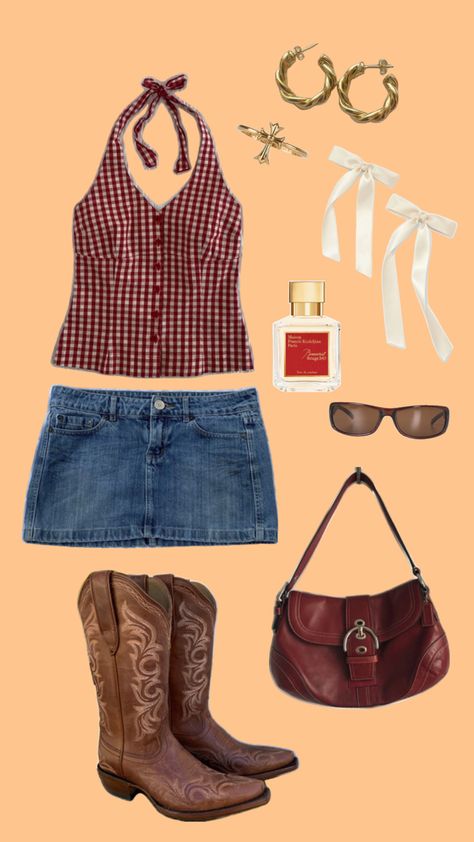 Cute outfit, aesthetic clothes, aesthetic outfit, boots, mini skirt, bows Country Outfits Aesthetic, 2000 Country Fashion, Farmers Daughter Coquette Outfits, Country Outfit Layout, Farmers Daughter Core, Calgary Stampede Outfits, Coquette Western Outfits, Bbq Outfit Ideas, Stampede Outfit