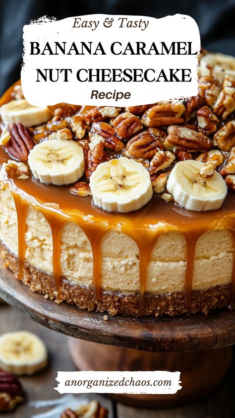 Banana Caramel Nut Cheesecake Cheesecake Recipes Nutella, Banana Cheesecake Recipe, Nut Cheesecake, Pecan Pie Cheesecake Recipe, Pecan Baked Brie, Caramel Pecan Cheesecake, Banana Caramel, Rich Cheesecake, Homemade Graham Cracker Crust