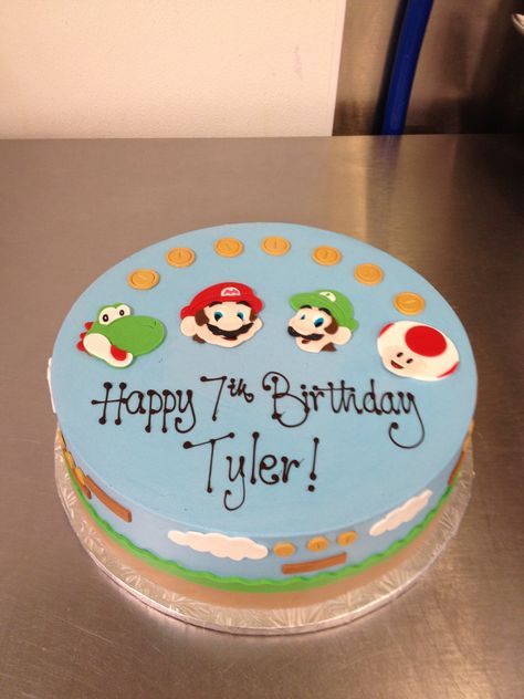 Super Mario birthday cake with Mario, Luigi, Todd, and Yoshi! www.cafeattila.com Super Mario Birthday Cake, Mario Birthday Cake, Mario Cake, Special Birthday Cakes, Mario Bros Party, Dino Birthday Party, Mario Birthday Party, Super Mario Birthday, Mario Luigi