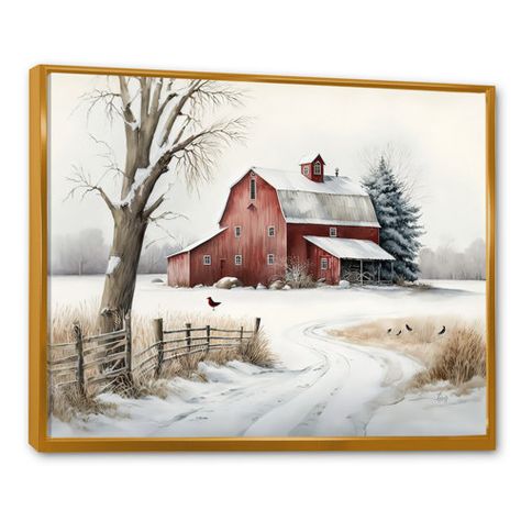 The Holiday Aisle® Giachetti Winter Birds Framed On Canvas Print | Wayfair Farm Wall Art, Traditional Wall Art, Ink On Canvas, Mural Floral, Farmhouse Country, Gold Picture Frames, Red Barn, Colorful Landscape, Canvas Wall Art Set