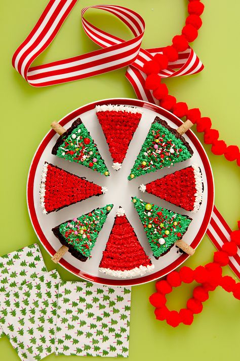 Decorate dessert to make Christmas tree brownies or Santa hats, or heck, some of each! The Christmas desserts will vanish fast thanks to their fudgy texture and eye-catching appeal. #santahatbrownies #christmastreebrownies #gingerbreadbrownies #christmasdessert #holidaypartyrecipes #bhg Santa Hat Brownies, Homemade Candy Recipes, Brownie Christmas, Tree Brownies, Christmas Tree Brownies, Christmas Yummies, Making Candy, Christmas Brownies, Christmas Candies