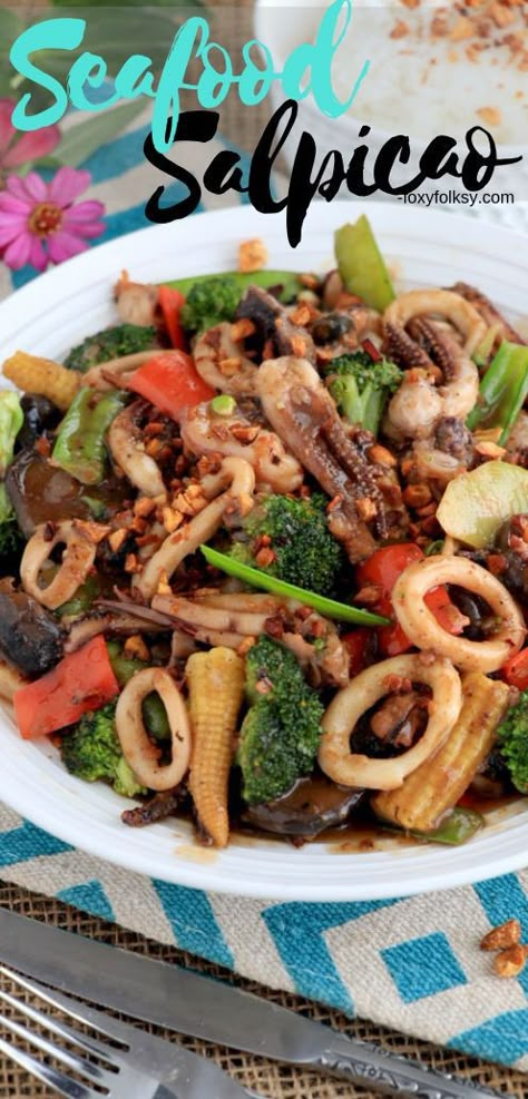 Seafood Vegetable Recipes, Octopus Stir Fry, Calamari Stir Fry, Filipino Seafood Recipes, Mix Seafood Recipe, Seafood Blend Recipes, Frozen Seafood Mix Recipes, Mixed Seafood Dishes, Seafood Mix Recipes