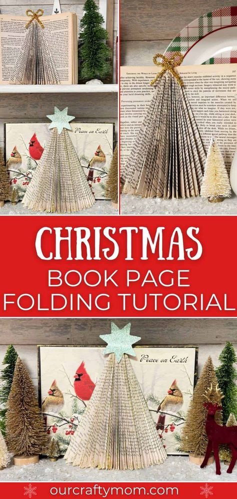 Easy Tutorial for Gorgeous Christmas Tree Folded Book Art Paper Fold Christmas Tree, Christmas Tree Folded Book, Book Art Folding Pages, Bookshelf Christmas Tree, Book Pages Folding Art, Folded Christmas Tree Book, Folded Book Trees Christmas, Book Folding Patterns Free Templates Christmas Tree, Paper Folding Books