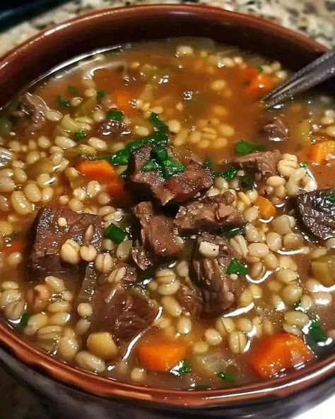 Gordon Ramsay 🍖 | Just made this Ultimate Beef and Barley Soup - hearty, nourishing, and perfect for chilly days | Facebook Beef And Barley Soup, Beef And Barley, Beef Barley, Beef Barley Soup, Cold Soup, Barley Soup, Chuck Roast, Blue Cheese, 1 Pound