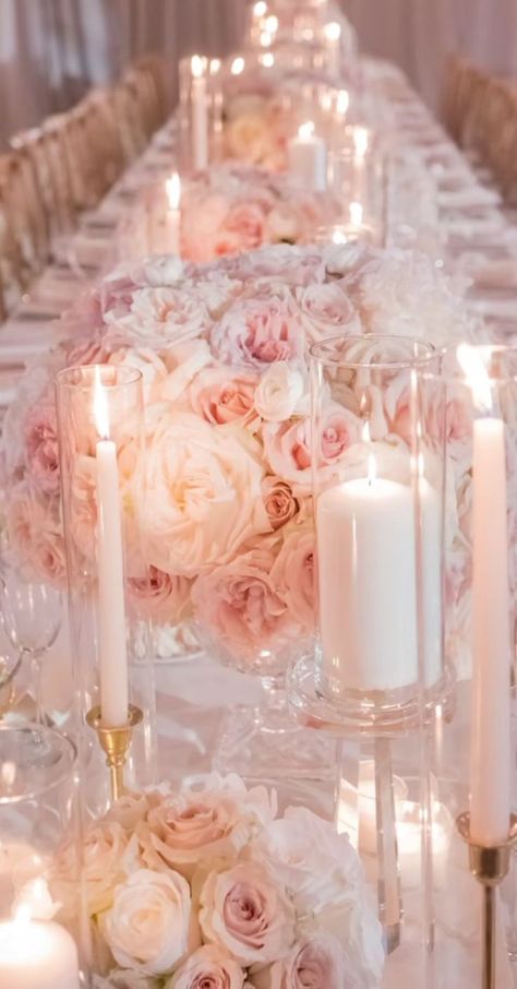 Light Pink White And Gold Party Decoration, Pale Pink Wedding Table Settings, Pink Aesthetic Wedding Theme, Pink Wedding Astethic, Wedding Aesthetic Pink, Pink Gold White Wedding Theme, White Gold And Pink Wedding, Soft Pink Wedding Decor, Light Pink Themed Wedding