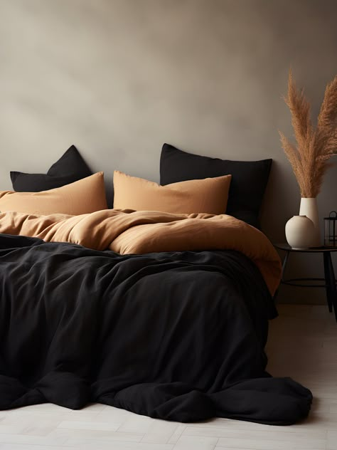 Black linen duvet and 2 pillow covers – AndromedaStarShop Dark Duvet Cover, Dark Linen Bedding, Bed Comforter Sets Modern, Dark Bed Sheets Aesthetic, Walnut And Black Bedroom, Black Bed Set Bedroom Ideas, Black Bedspread Room Ideas, Black And Cream Bedding, Brown Black And White Bedroom