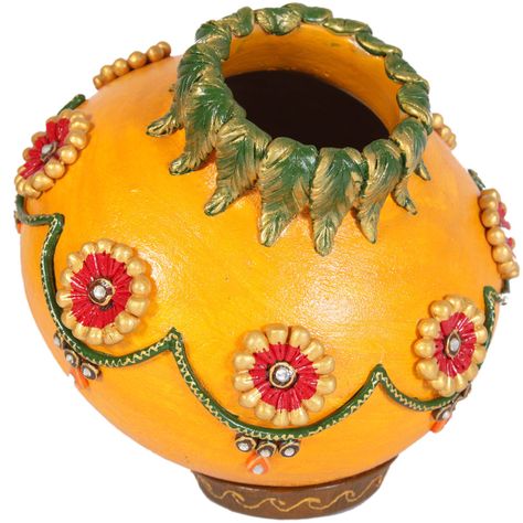 Kundan minakari matki with lid Wedding Pottery, Kalash Decoration, Coconut Decoration, Pottery Painting Ideas, Diya Decoration Ideas, Thali Decoration Ideas, Kundan Work, Diy Diwali Decorations, Wedding Gifts Packaging