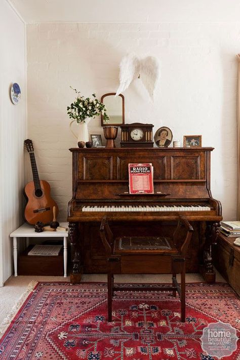 Inspiring Writer's Rooms We Want in our Own Homes • SongFancy Hippie Farmhouse, Women Apartment, Piano Tattoo, Organization Apartment, Old Piano, Piano Decor, Music Corner, Girly Apartments, Style Apartment