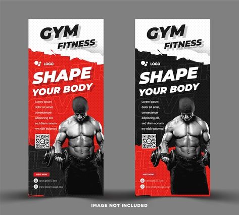 Gym fitness roll up banner template with... | Premium Vector #Freepik #vector #background Gym Banner Background, Gym Poster Design Banner Template, Fitness Banner Design, Gym Banner Design, Sports Banner Design, Gym Template, Fitness Banner, Gym Advertising, Sport Ads